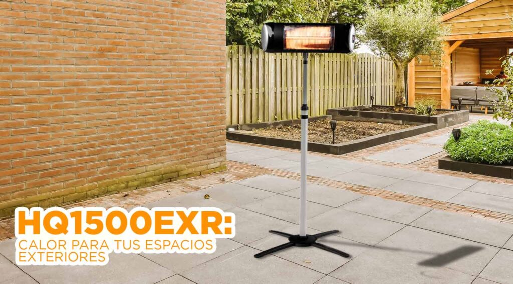 Calefactor para exteriores con pedestal y gran potencia y seguridad. Incluye temporizador de apagado automático.