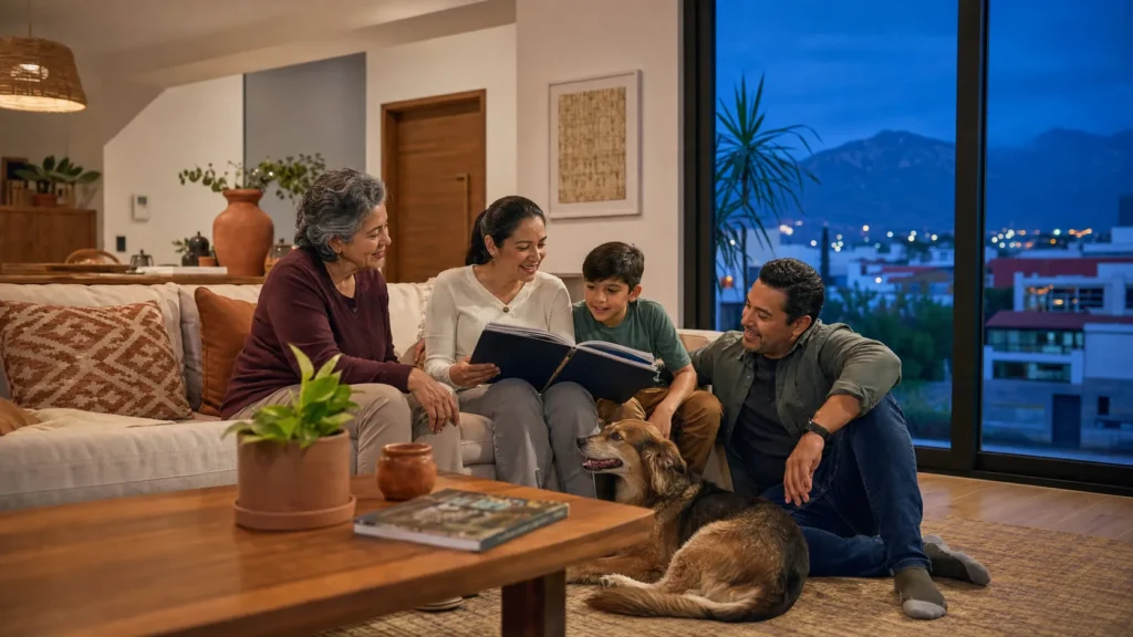 Familia reunida en casa antes de la temporada de frío