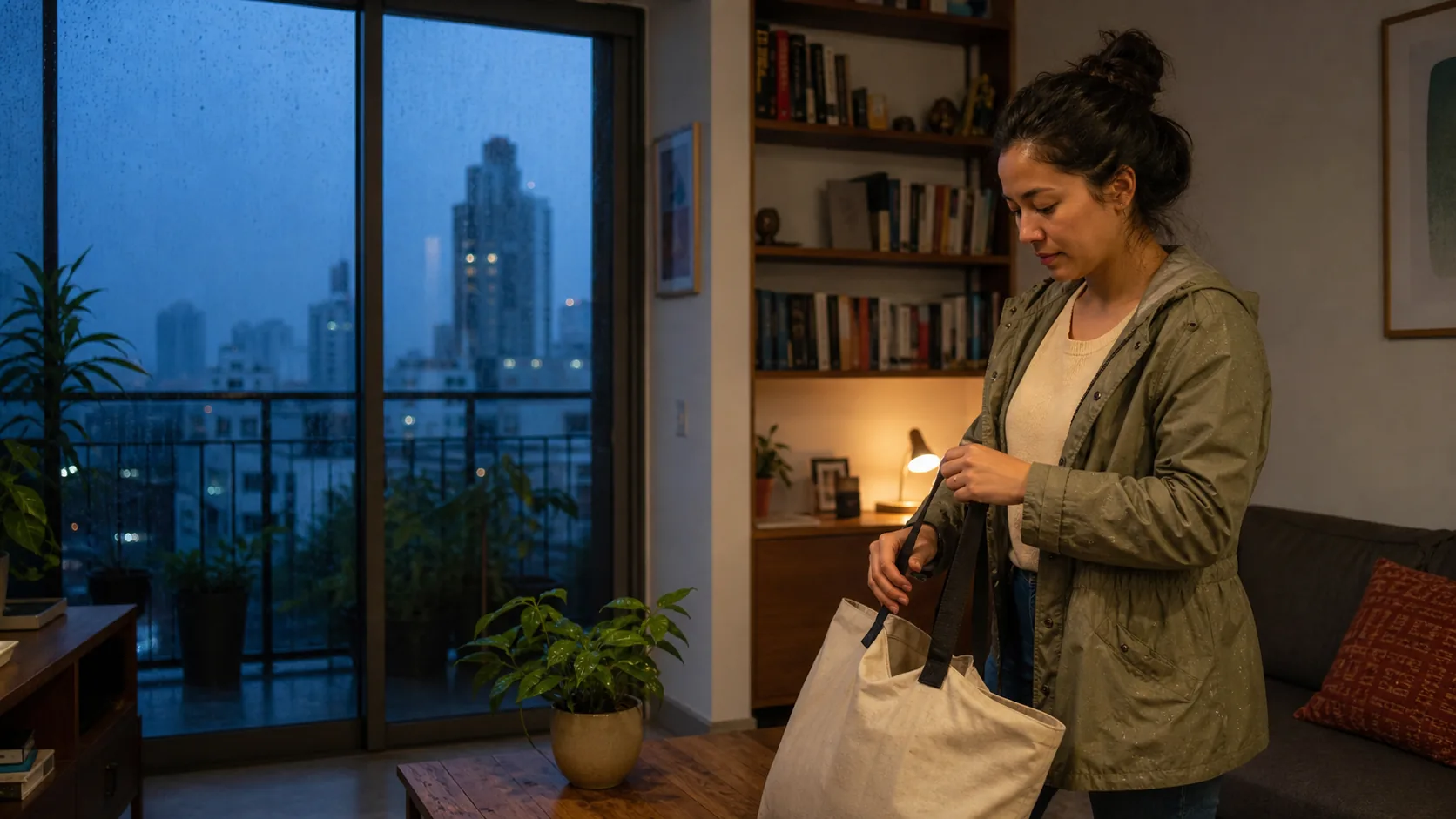 Persona preparándose en casa antes de una noche fría y lluviosa