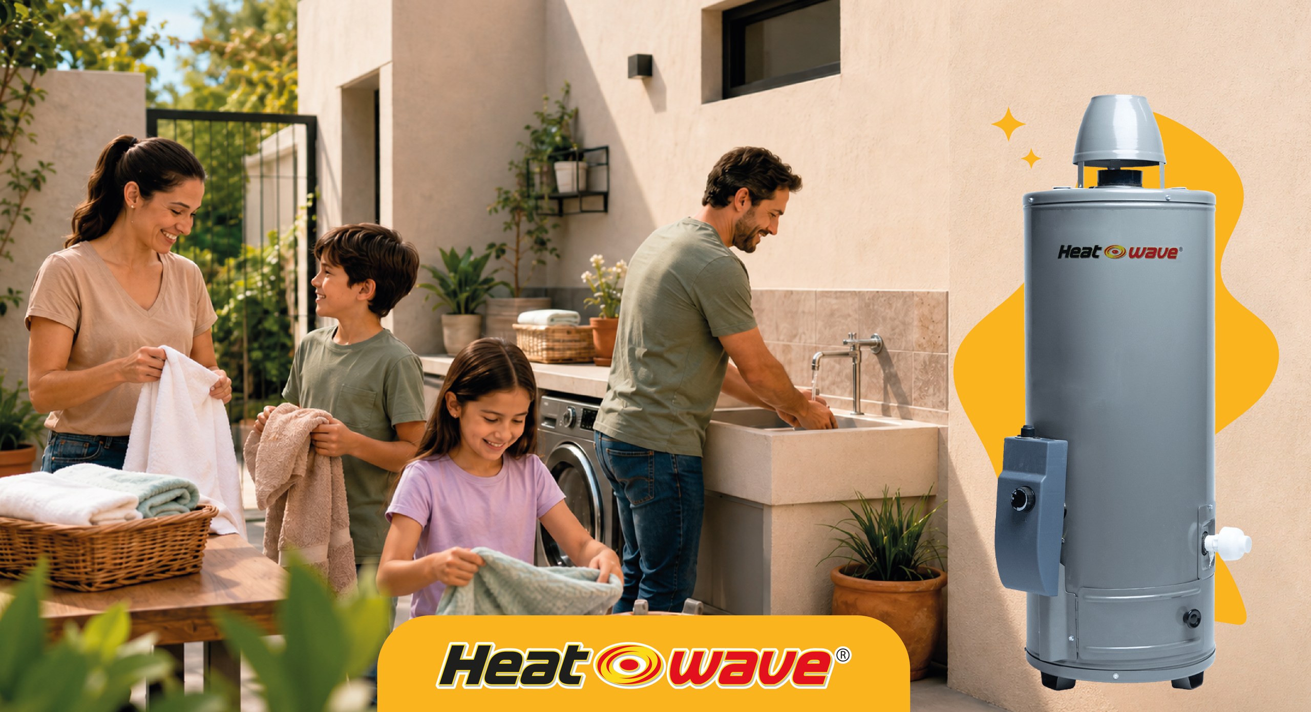 Familia de cuatro personas con un boiler de depósito Heatwave