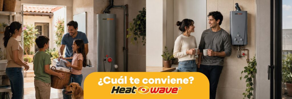 Familia y pareja con boilers Heatwave de depósito e instantáneo