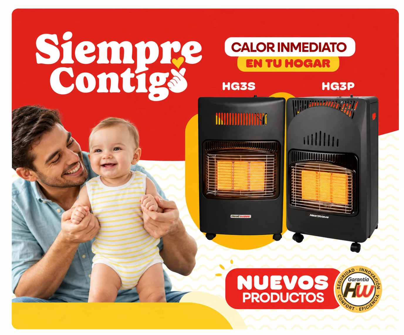 Papá con su bebé y calefactores Heatwave HG3S y HG3P encendidos.